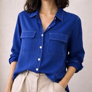 Equipment Signature 100% Silk Shirt Blue Button Up Pockets Relaxed Fit S Luxe